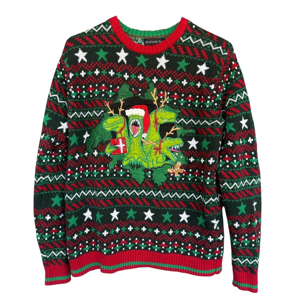 Blizzard Bay Sweater Mens Small Green Dinosaur Ugly Christmas Fair Isle Knit